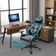 Reclining racing chair in blue with lumbar support and footrest, ideal for gaming and long hours of comfort.