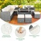 Sectional patio rattan sofa set with off-white cushions, includes table and ottomans, ideal for outdoor relaxation.