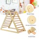 Foldable wooden climbing triangle with ladder for toddlers, featuring smooth edges and a weight capacity of 132 lbs.