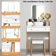 Vanity table set with large mirror, white finish, and cushioned stool for comfortable makeup application and storage.