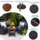 Curved handle coffee table with slatted design and weather-resistant rattan, perfect for outdoor patio relaxation.