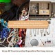 Vintage wood wall-mounted jewelry organizer with barn doors, featuring hooks and mesh for earrings, necklaces, and.