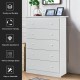 White dresser with five spacious drawers, showcasing a sleek design and top shelf for decorative items in a compact.