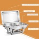 Stainless steel chafing dish with double plate design, removable pans, and fuel holders for buffet or event catering.