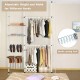 Telescopic clothes hanger rack with adjustable height, shoe rack, and shelves for organized storage in any room.