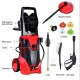 Electric high pressure washer in red with 3000 PSI, five nozzles, and hose reel for versatile cleaning tasks.