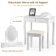 Makeup vanity dressing table set in white with detachable mirror, cushioned stool, and 4 drawers for storage.