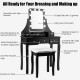 Vanity dressing table set in black with 10 dimmable bulbs, 360° mirror, and cushioned stool for comfortable use.