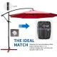 Umbrella base with a filled spout for easy maintenance, made of weather-resistant HDPE, perfect for outdoor use.