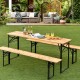 Folding wooden picnic table and benches set with natural wood grain, perfect for indoor and outdoor use.