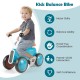 Kids balance bike in blue with 4 wheels, designed for stability and safety, promoting motor skills and coordination.