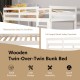 Twin-over-twin wooden bunk bed in white with safety guardrails and wide ladder, ideal for space-saving in children's.