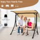 3-seat outdoor porch swing showcasing a solid steel frame and adjustable beige canopy, ideal for balcony comfort.