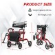 Folding rollator walker with 8-inch wheels, red aluminum frame, 350 lbs capacity, adjustable height, and detachable.