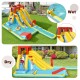 Inflatable dual slide water park with climbing wall, basketball hoop, and swimming pool for outdoor fun.