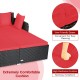 Spacious outdoor rattan daybed with red upholstered cushions, featuring a user-friendly zipper for easy cleaning and.