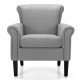 Light gray upholstered accent chair with rubber wood legs and adjustable foot pads, ideal for living room or office use.