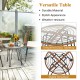 Side view of a versatile patio table with a tempered glass top and stable iron legs, perfect for outdoor settings.