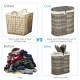 Handwoven gray laundry hamper basket featuring a divided compartment for easy color separation and convenient carrying.