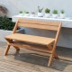 Teak wood folding outdoor bench with slatted seat, 41.5" wide for 2 people, ideal for backyard or poolside use.