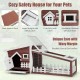 Wooden rabbit hutch with pull-out tray, red, featuring a slant roof, skylight, and ventilation window for pet safety.