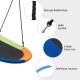 Close-up of the 60-inch multicolor saucer swing with multi-ply braided rope and steel-frame structure for outdoor fun.
