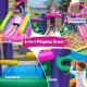 Colorful 6-in-1 inflatable unicorn-themed bounce house with slide, ball pit, and obstacle course for kids' outdoor fun.