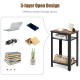 3-tier industrial end table with metal mesh shelves, featuring a rustic top and ample storage for bedroom or living.