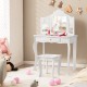 Mini makeup dressing vanity table set in white with foldable mirror and stool, perfect for kids' rooms or play areas.