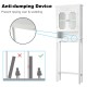 Bathroom space saver toilet rack with adjustable shelf, anti-dumping device, and frosted glass doors for safety.