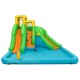 Inflatable Water Park Bounce House with climbing wall, bright colors, suitable for garden play and water fun.