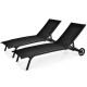 Adjustable black outdoor chaise recliner with wheels, featuring a 6-position backrest for comfort in patio or garden.