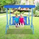 Outdoor kids patio swing bench with canopy, featuring puppy pattern, sturdy metal frame, and two-seat design for ages.