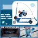 Folding kids kick scooter in blue with adjustable height, LED flashing wheels, and compact design for easy storage.