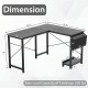 L-shaped dark gray modern reversible computer desk dimensions with storage pocket and CPU stand, max load 200 lbs.