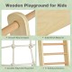 Wooden climbing gym for kids featuring solid birch material, smooth edges, and durable polyester rope net for safe play.