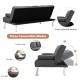 Convertible folding futon sofa bed in dark gray with adjustable backrest and two cup holders for versatile use.