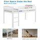 Wooden twin low loft bunk bed in white with guard rail and ladder, featuring under-bed storage space for toys.