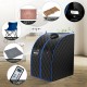 Portable personal far infrared sauna in black with heating foot pad, foldable chair, and LED controller for relaxation.