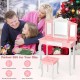 Kids pink vanity table and stool set with tri-folding mirror, sturdy MDF construction, perfect for play or study.
