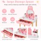 Kids vanity set featuring a rabbit design with a round mirror, large drawer, and two small storage boxes for cosmetics.