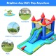 Kids inflatable bounce house water slide with colorful ocean balls, large pool, and climbing wall for outdoor fun.