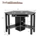 Corner computer desk dimensions showing a black wooden design with a large drawer and two storage shelves for efficient.