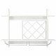 Wall mount wine rack organizer in white, featuring space for six bottles and glass holder, made of MDF and stainless.