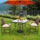 Black steel square table with tempered glass top, perfect for outdoor dining and umbrella support in your patio.