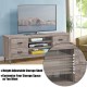 Retro wooden TV stand featuring 3 open shelves, 4 drawers, and height-adjustable storage for versatile organization.