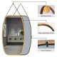 30-inch modern rectangle wall-mounted mirror with bamboo frame and adjustable leather strap for versatile hanging.