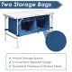 Height adjustable folding camping table in blue with two storage bags, made of durable waterproof Oxford fabric.