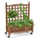 Wood planter box with trellis for climbing plants, made of fir wood, featuring a 6.5'' deep planting bed and wheels for.