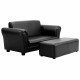Black kids sofa with ottoman, designed for comfort and leisure, perfect for slumber parties and relaxing in playrooms.
